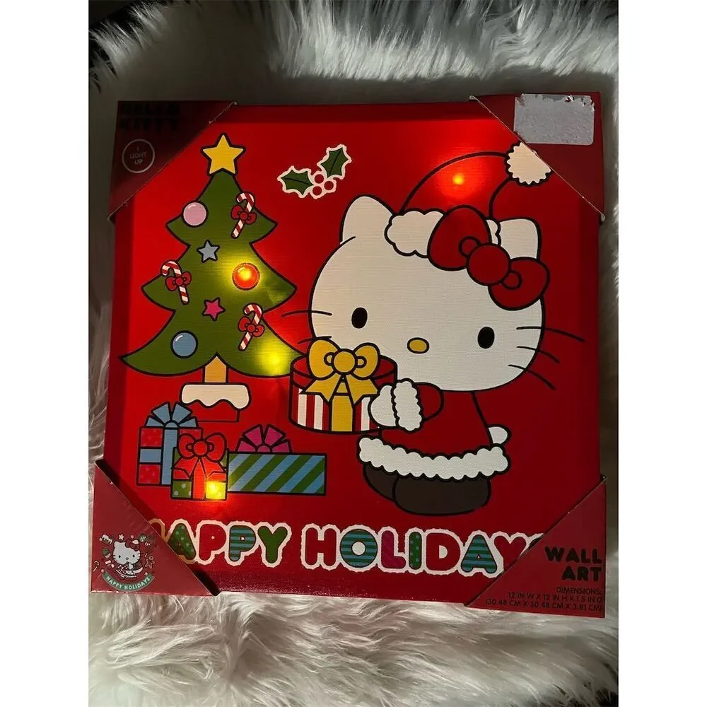 🆕Hello Kitty Christmas Light Up Wall Art Happy Holidays Decor Battery Operated